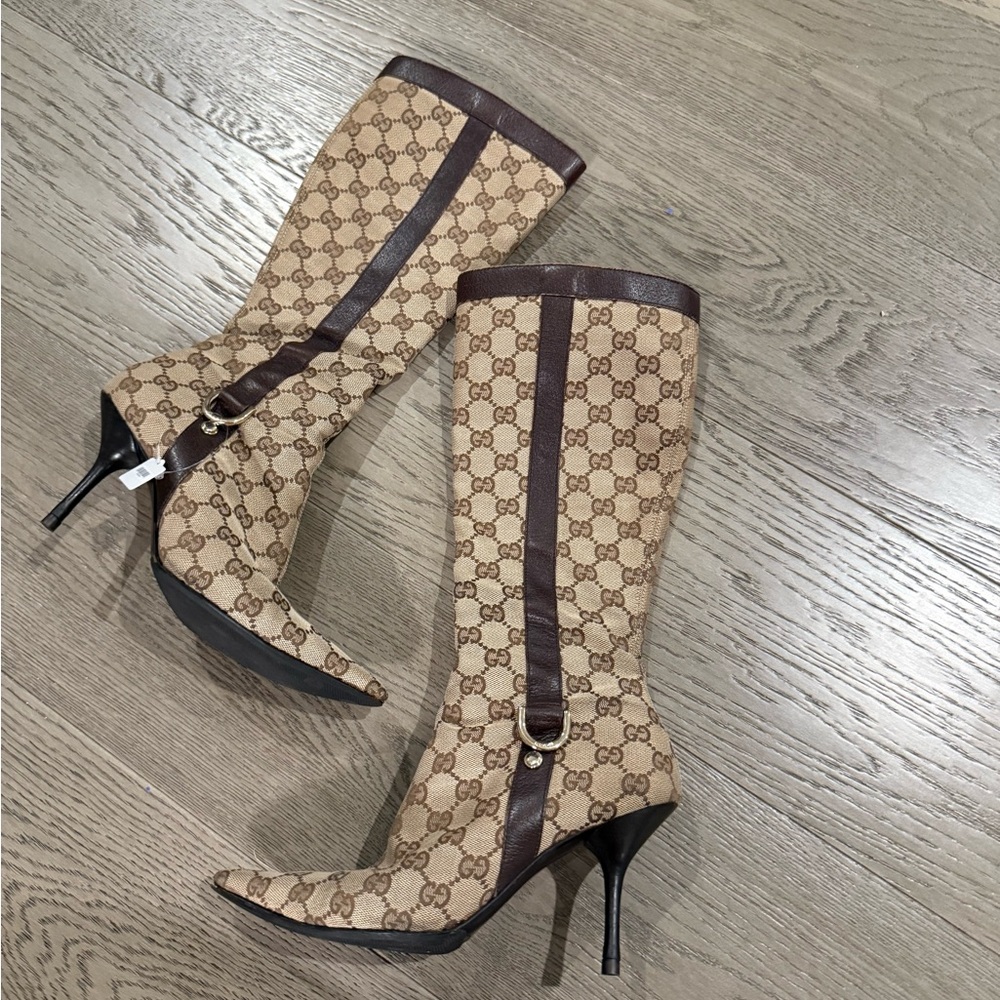 Gucci Brown Monogram Knee-High Boots